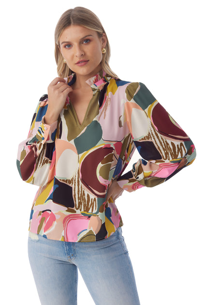PARKER ABSTRACT LONG SLEEVE MESH PRINT TOP in MULTI