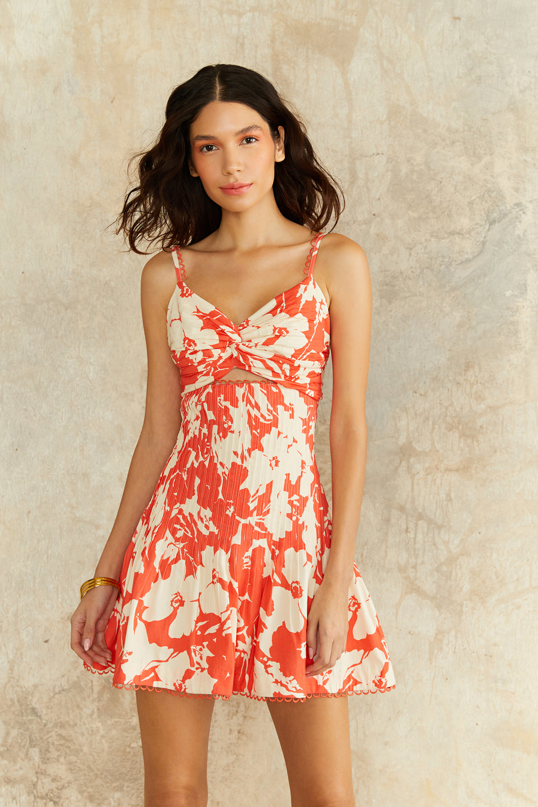 Amur Ryder Fit Flare Mini Dress in Coral Colorblock Flowers